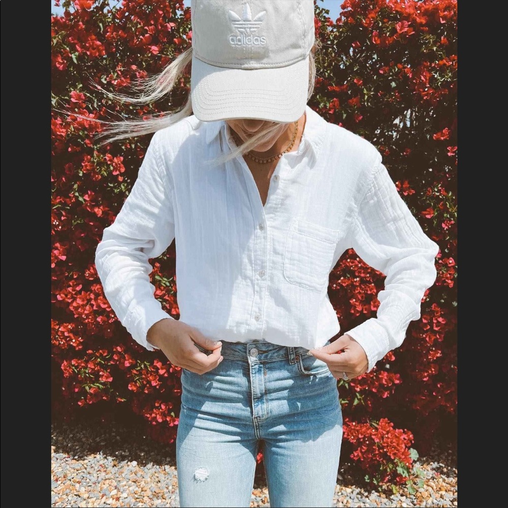 White gauze button down shirt long sleeve